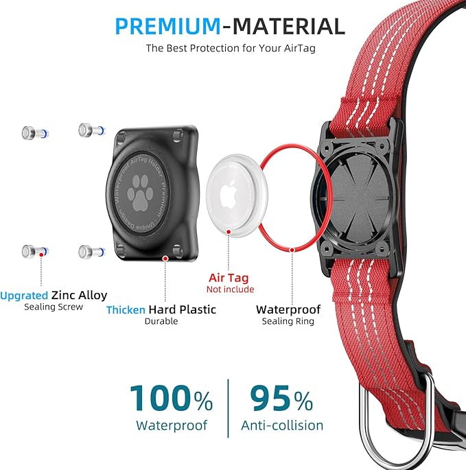Upgrade Dog Collar with AirTag Holder, IP68 Waterproof, Red, XL | Built-in Water Resistant AirTag holder, 1000D Nylon, Reflective Stitching for Night Visibility, Soft padding for Comfort