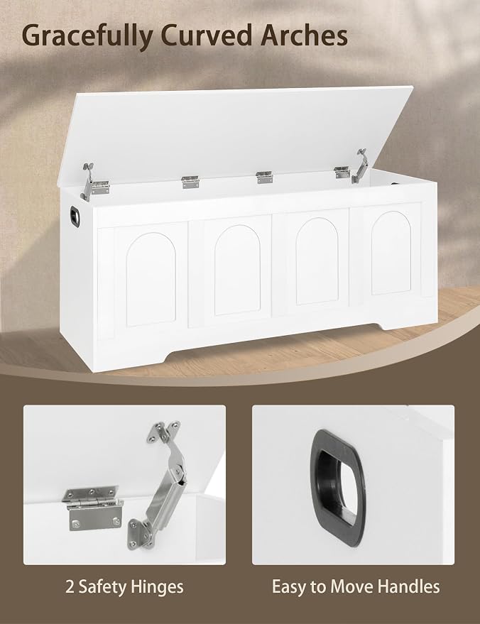 Storage Chest, Wooden Toy Box, White 50.0" L | Extra Large Storage Bench, 2 Soft-close Hinges, Finger-safe Flip-Top Lid, Easy Assembly, Farmhouse Trunk, Living Room/Bedroom