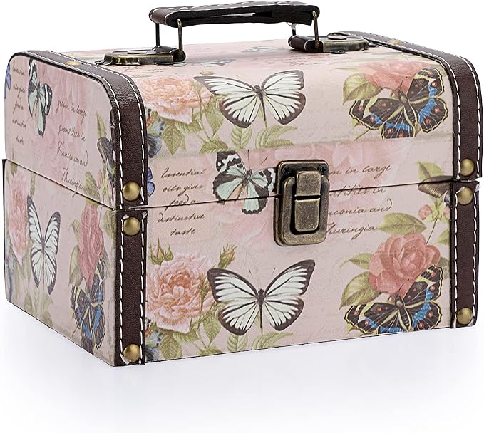 ELLDOO Butterfly Treasure Chest Box, Wooden + PU Leather Storage Decorative Box for Jewelry Trinkets, Keepsakes box for Girls Women Gifts