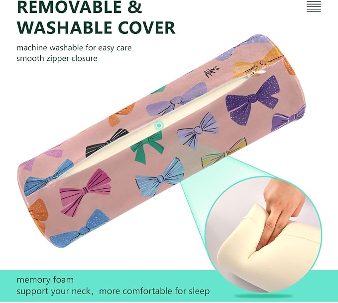 Colorful Pink Bows Neck Roll Pillow Bolster Round Health Memory Foam Long Cervical Cylinder Pillows with Removable Washable Cover for Body Bed Legs Back Yoga