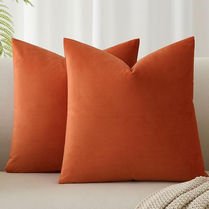 JUSPURBET 16x16 Decorative Velvet Throw Pillow Covers Set of 2,Burnt Orange | Modern Soft Cushion Covers Cases with Hidden Zipper for Couch Sofa Bed Living Room Bedroom Halloween Decor