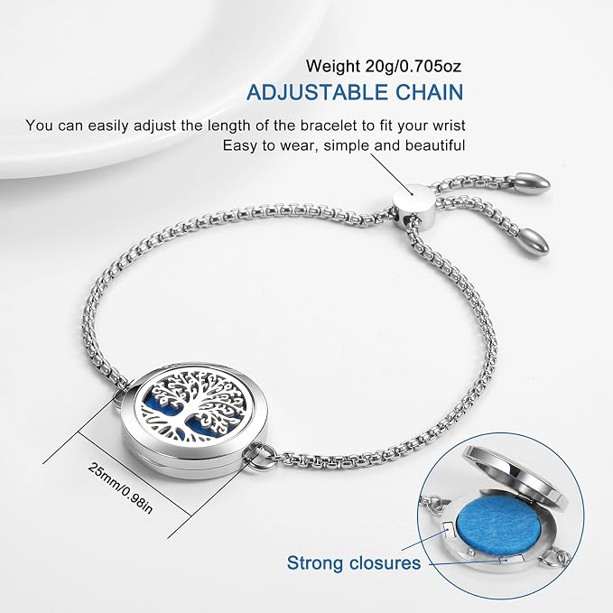 Aromatherapy Essential Oil Diffuser Bracelet, Tree of Life Pattern Locket Adjustable Link for Women Birthday Jewelry Gifts Trendy for Wife Mothers（Silver