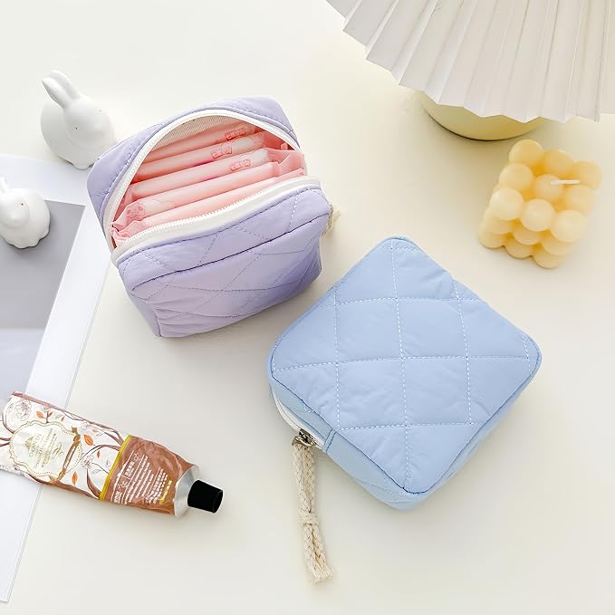 Small Makeup Bag | Discreet Period Bag Pad Pouch for Purse| Sanitary Napkin Storage & Tampon Holder for Travel (Quilted light purple)