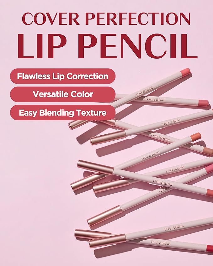 THESAEM Cover Perfection Lip Pencil - 09 Mellow Soft Pink - Slim 4mm Lip Liner for Overlip Correction - Korean Makeup Lip Contouring Pencil Easy Blending Formula, 0.04oz