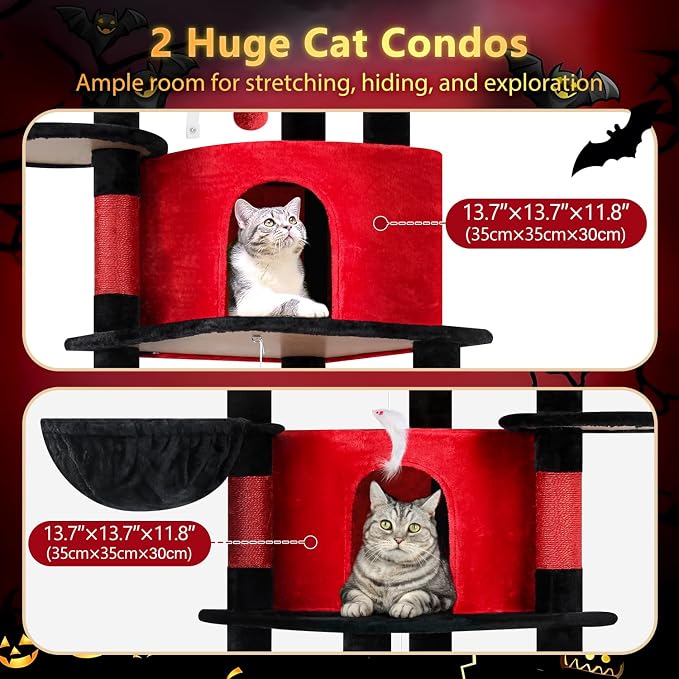 Globlazer 66in Gothic Corner Cat Tree for Indoor Large Cats, C66, Black Red | Space-Saving Stable Goth Cat Tower with 6 Scratching Posts, 2 Large Fan-shaped Condos & Top Perch, Hammock, Climbing Steps
