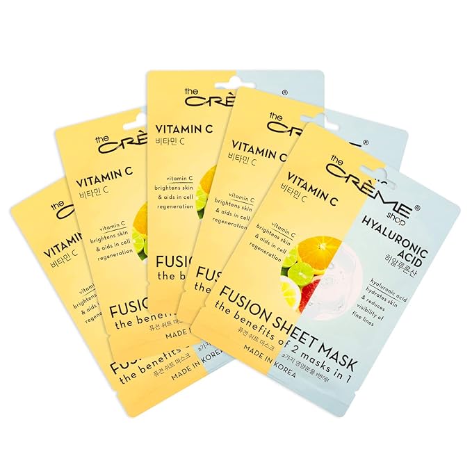 The Crème Shop - Vitamin C & Hyaluronic Acid Fusion Full Face Masks, Korean Facial Skin Care and Moisturizer - Hydrating, blackhead remover, scar cream Natural Beauty Essence - 5 Sheets Set