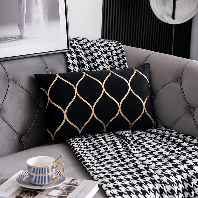 12x20 Inch Gold Velvet Throw Pillow Covers: 2 Pack Rectangular Decorative Pillow Cases for Bedroom Sofa Couch Living Room, Black