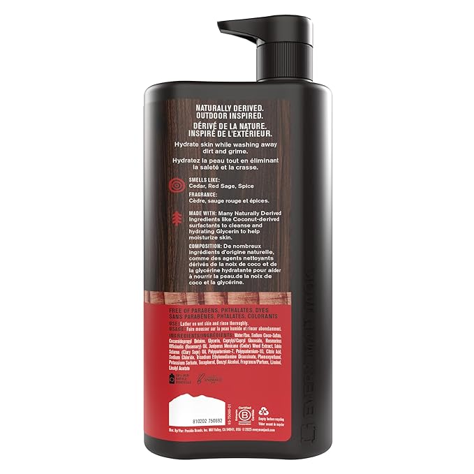 Every Man Jack Cedar + Red Sage Mens Body Wash for All Skin Types - Cleanse, Hydrate, and Smell Great - Free of Parabens, Phtalates, and Dyes - 33.8 fl oz (2 Pack)