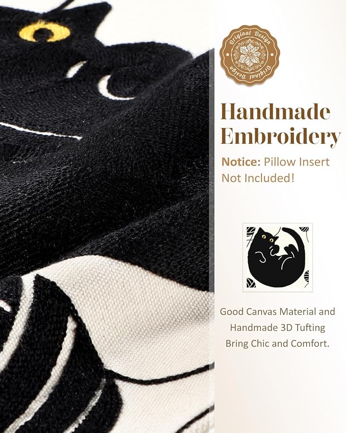 Animal Embroidered Throw Pillow Cover 18x18 Inch, Black Cat Yarn | Decorative Pillow Cover, Country Cushion Cases with Hidden Zipper, Farmhouse Decor for Couch, Sofa, Living Room, Bed