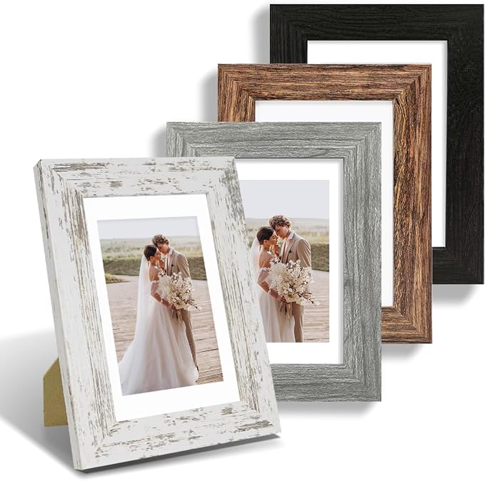 Hongkee 5x7 Picture Frame Set of 4, Made of Real Glass and Multicolour Wooden Frame, 5 by 7 Photo for Wall or Tabletop - Display Picture 4x6 with Mat or 5x7 Without Mat