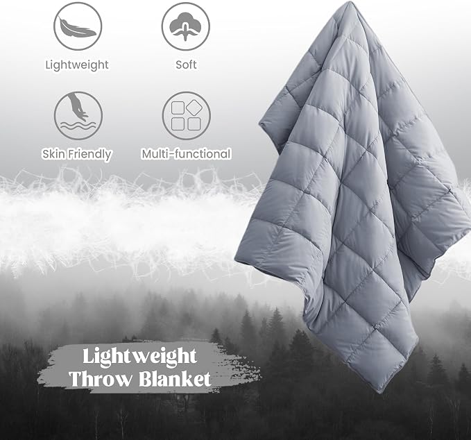 puredown® Soft Feather Down Throw Blanket Lightweight Packable Couch Throw for Indoor and Outdoor Use, Throw 50"X70", Sliver Gray