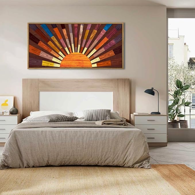 IARTTOP Extra Large Wood Sun Framed Wall Art 20x40 Inch Boho Sunrise 3D Geometric Wall Decor Mid century Sunshine Painting for Living room Bedroom Dining room Single