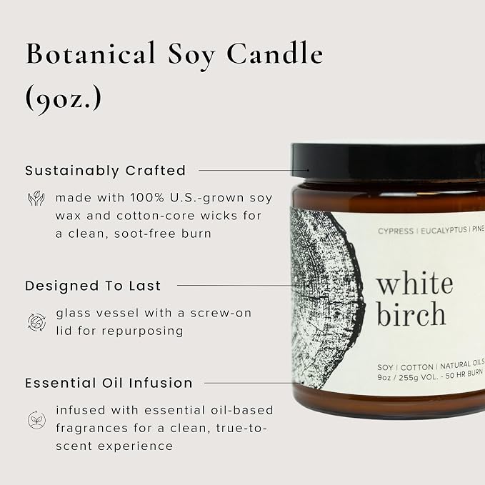 Broken Top - White Birch Pure Soy Wax Candle | 9 oz. | Cypress, Eucalyptus & Pine. 50-Hour Burn Time. Natural Cotton Wick, Vegan, No Parabens, No Phthalates