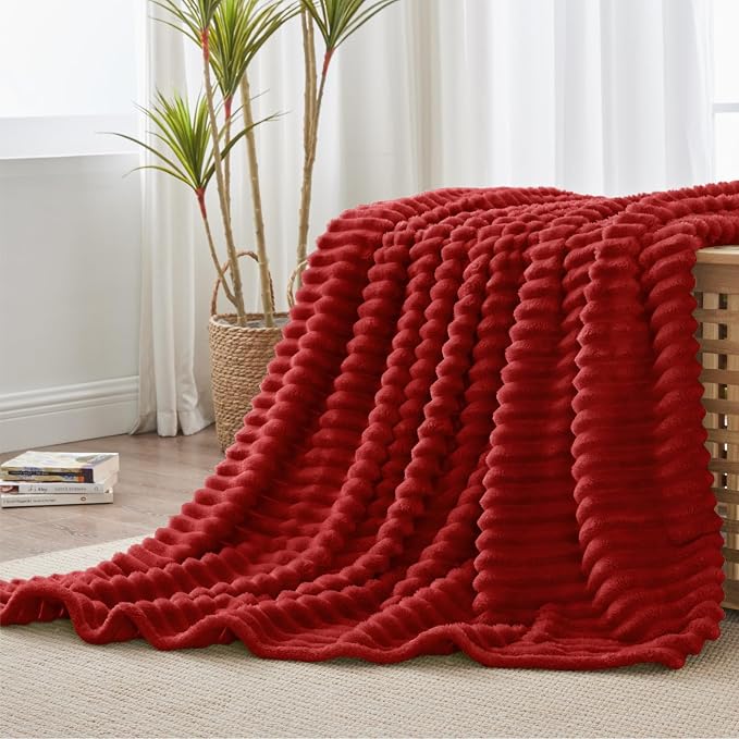 BEDELITE Striped Fleece Throw Blanket, Burgundy, 50"x60" | 300GSM Microfiber Fleece, Soft Cozy, Lightweight Warm, Double-Sided Plush, Machine Washable, Gift, Room Decor, for Couch Sofa