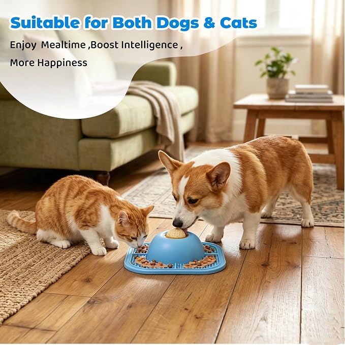 Slow Eating Dog Bowls & Lick Pad for Liquid & Creamy Snacks, Non-Slip Pet Lick Bowl with Interactive Rolling Ball, 5/6 Cup Puppy Lick Toy for Small Medium Large Dogs & Cats (Blue)