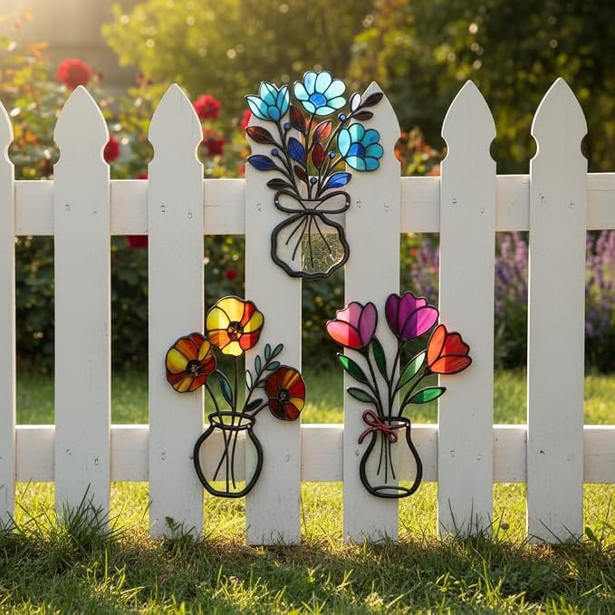 VEWOSTAR 3 Pcs Metal Flowers Wall Decor,Outdoor Fence Wall Art Decor | 3D Colorful Outdoor Wall Art Patio Fence Decor for Garden Living Room Balcony