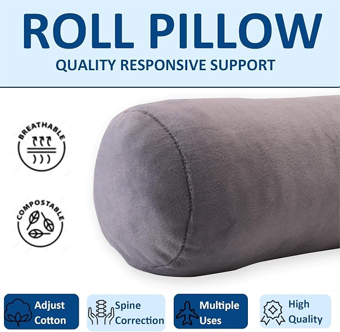 Health Cervical Neck Roll, Comfortable and Highly Resilient Bolster Pillows, Round Neck Pillows Support for Sleeping | Large Size Bolster Pillow for Bed, Legs, Back and Yoga (Grey)