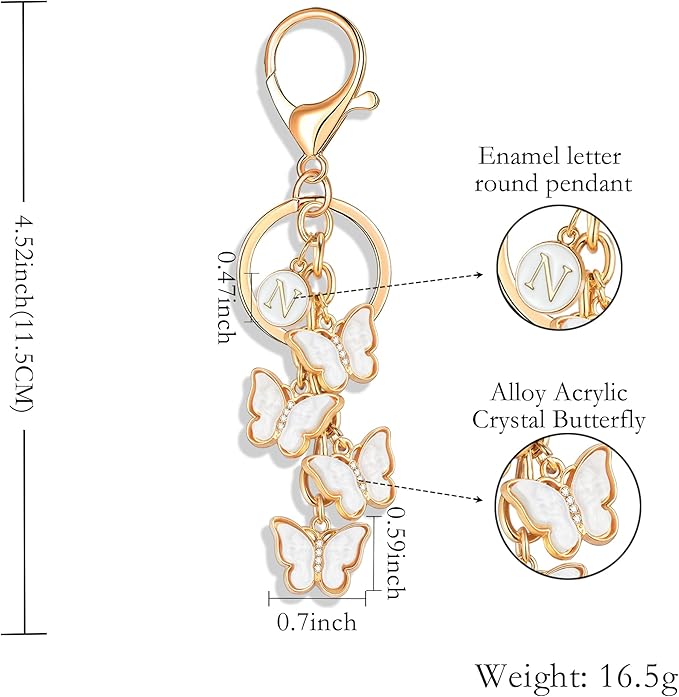 XGALBLA White Pink Black Cute Butterfly Initial Letter Keychain for Women, Butterfly Bag Charms Keyring for Handbags Backpack