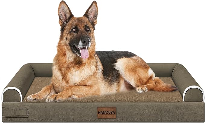 Orthopedic Dog Bed for Jumbo Dogs, 48 x 33 Inch, Brown | Egg crate foam for joint support, 3-sided bolster pet sofa, waterproof lining, washable cover, and non-skid base