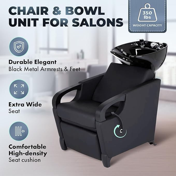 Buy-Rite Luna Noir Shampoo Backwash Unit – Black Porcelain Tilting Bowl, Lever-Activated Leg Rest, Extra Wide Padded Seat, Mid-Century Modern Style, Salon Chair & Sink Combo, YLG-583-1-BLACK