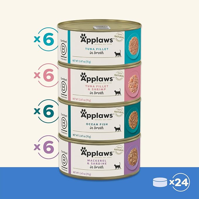 Applaws Fish Variety in Broth Wet Cat Food, 4-Flavor 24-Pack 2.47 oz Cans | 100% Natural, High Quality Ingredients, High Protein, No Artificial Additives, Limited Ingredients