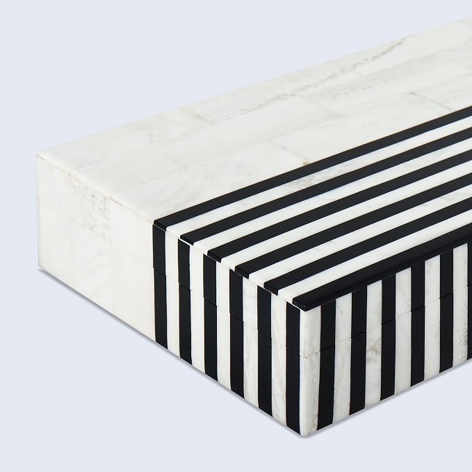 Handicrafts Home Large Decorative Storage Box with Lid – Black White Modern Storage Box, Remote Control Organizer for Coffee Table, Console & Living Room Decor – Mono Lead 12 x 6 x 2
