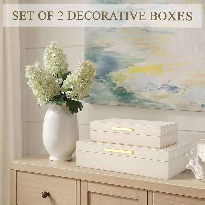 Decorative Storage Boxes with Lids, Set of 2 PU Leather Memory Box for Keepsakes, Beautiful Large Decorative Box for Home Decor – Safely Store Jewelry, Documents & Photos (Beige)