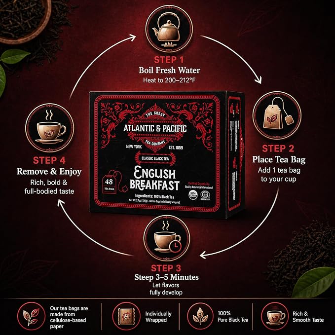 A&P Organic English Breakfast Tea Bags, 48 Count, Full Bodied Rich Black Tea, Bold Flavor, Smooth Finish, Premium Black Tea, Hot or Iced Tea, Morning and Evening Tea, Fresh Aroma, Classic Blend