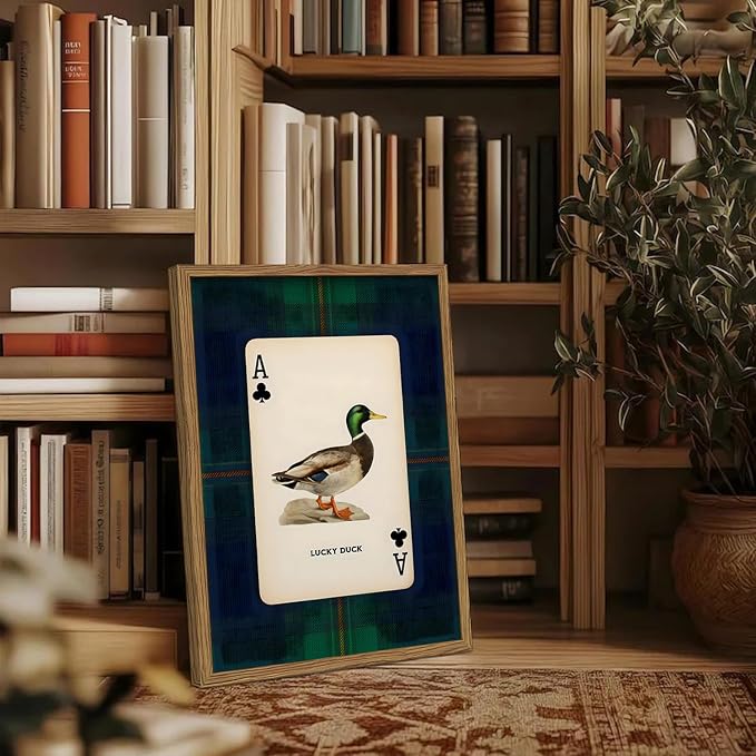 Vintage Mallard Duck Wall Art Cottage Core Hunting Lucky Duck Wall Decor Picture Dark Wildlife Playing Card Poster Canvas Print Painting for Farmhouse Bedroom Living Room 16x24 inch Wood Framed
