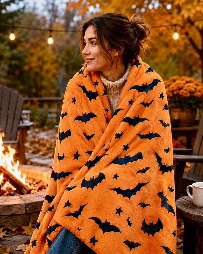 Halloween Fleece Throw Blanket, Black Bats on Orange background, 50x70 in | Ultra-soft cozy flannel fleece, for sofa couch bed chair & dorms, spooky Halloween décor, durable and machine washable.