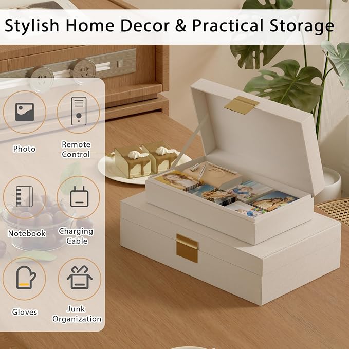 Decorative Storage Box Set of 2, PU Leather Organizer for Home Decor Beige | Multi-Purpose Beautiful Decorative Container with Lids Store Photos, Documents, Memory Box Keepsakes Collect, ideal for Gifts