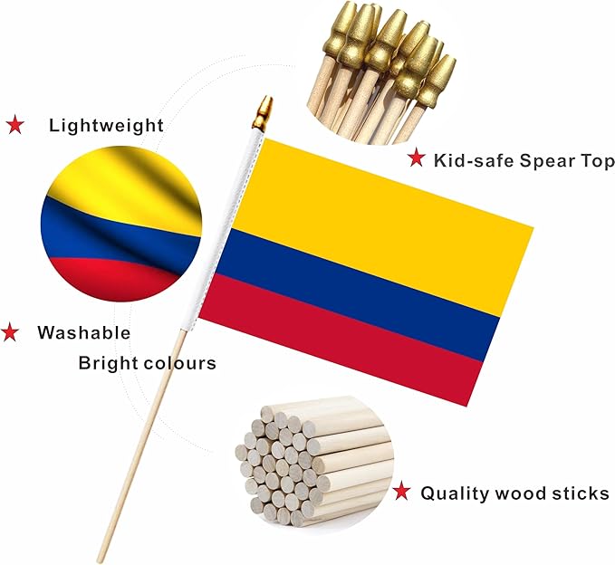 20 Pack Colombia Mini Stick Flags Colombian Small Miniature Handheld Flag Decorations,5x8 Inch