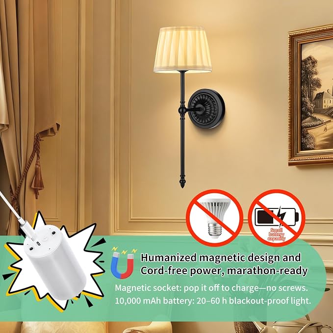 Cordless Wall Sconces Set of 2,10000mAh Small Wireless Battery Operated Wall Sconces Set of Two with RGB LED, Remote, Timer & Dimmable Fabric Gold Wall Lamps for Bedroom, Living Room, Hallway (Black)