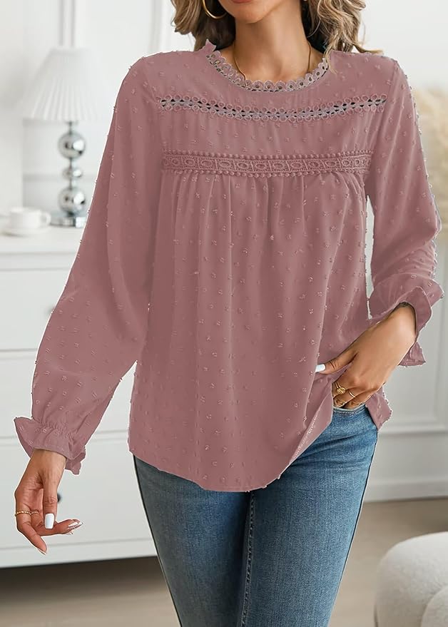 Womens Boho Tops Long Sleeve Shirts For Women Cute Crewneck Blouse Dressy Casual Swiss Dot Crochet Hollow Top 2026