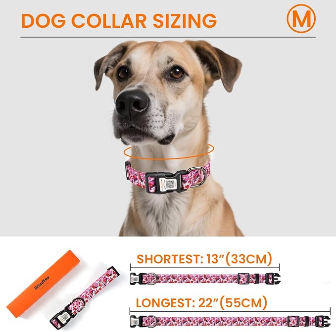 Personalized Dog Collar with QR Code Dog Tag, Camo Rose Red M | Anti-lost, 1000D nylon, reflective, padded, XS-L(8"-24"), QR buckle shares lost pet profile, location alerts when scanned