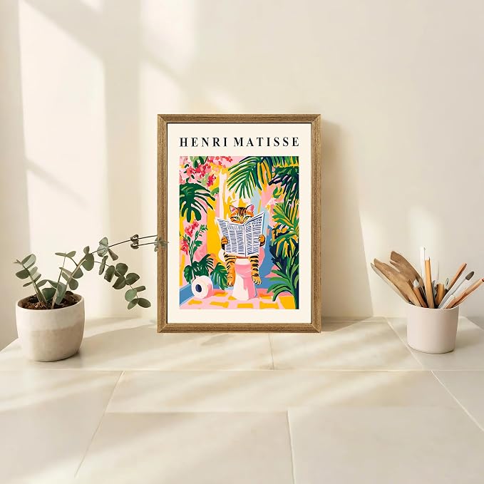 ICHZUMW Framed Funny Tabby Cat Matisse Canvas Bathroom Wall Art, 12x16 In | Humorous Cat Reading on Toilet, Girly Pink Dopamine Bathroom Wall Decor, Restroom Powder Room, Fade Resistant, Ready to Hang