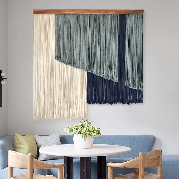 Jakalin Macrame Wall Hanging Boho Yarn Tassel Blue Modern Decor 39"x39" | Hand-dyed navy ombre, Wood dowel, Fringe tassels, Wall decor for living room, bedroom, apartment，Handmade yarn fiber deocr