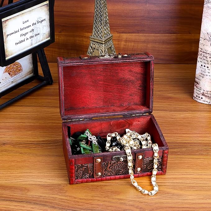 WaaHome Treasure Box Chest - 6.2" Decorative Wood Boxes Vintage Pirate Treasure Chest for Kids Jewelry Keepsake Box with Lids for Women Men Girls Boys Gifts Home Decor
