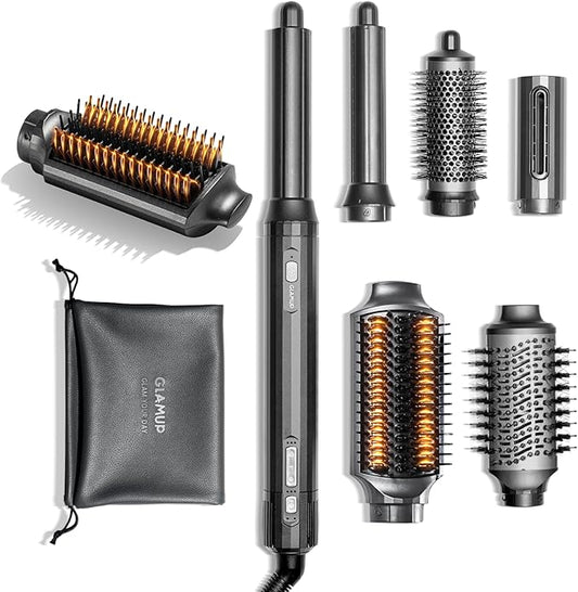 GLAMUP® FusionPro™ 6 in 1 Hot Air Styler- Wrap Curler & Thermal Brush Straightener, High Speed Hair Dryer, Round Brush, Volumizer, Hair Styling Gift Set with Travel Bag, Blow Dryer Brush