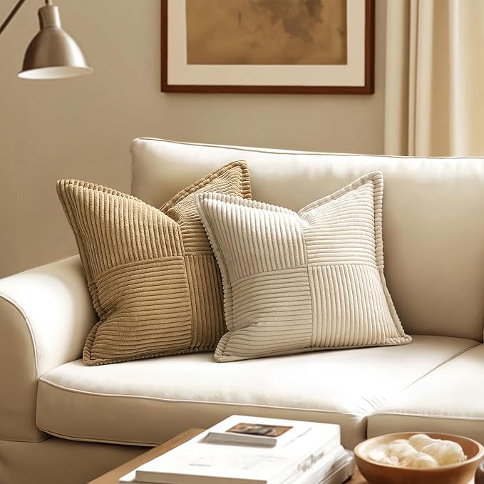 MIULEE Decorative Euro Sham Throw Pillow Covers for 26x26 Inch Beige 2 Pack | Boho Broadside Striped Patchwork Pillow Covers, Soft Corduroy Cushion Cases, For Bed Couch Sofa Livingroom Home Decor