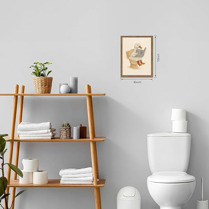 Framed Duck Bathroom Wall Art, Whimsical Duck Reading on Toilet, Funny Kids Bathroom Wall Decor, Vintage Farmhouse Toilet Decor, Cute Animal Canvas Print for kids Room 8x10 inch