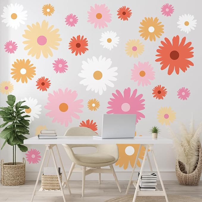 TaoBary 12 Sheet Daisy Wall Sticker Decal,Bright Color,Artsy Style | Big Flower Wall Sticker, Pink White Floral Decal, Daisy Bedroom Room Decor, Removable Peel and Stick, Nursery Home Wall Decor