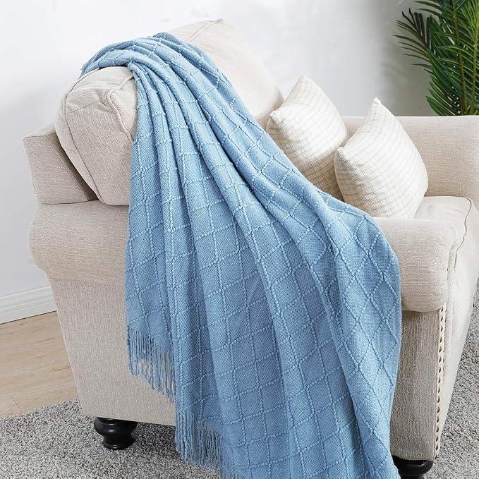 BOURINA Blue Throw Blanket 60x80 Inch Boho Knitted Soft Throw Sofa Blanket | Knitted Throw Blanket 60x80 Inches, Soft Lightweight Boho Weave Throw Decorative Couch Blanket for Living Room Bedroom Chair