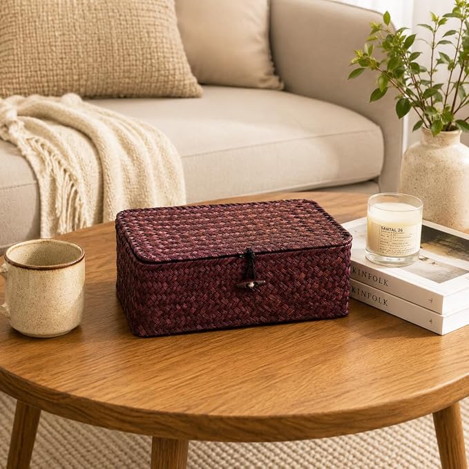 Seagrass Wicker Storage Basket with Lid, Small, Red | 9.05 x 5.11 x 3.34 Inch Box, Shelf Organizer, Rectangular Woven Bin, Small Item Storage, Decorative Color