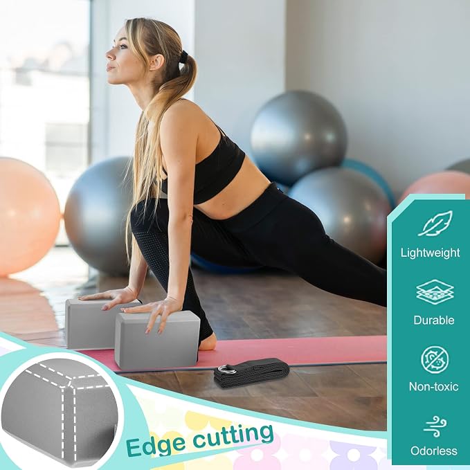 Meooeck 18 Pcs Yoga Blocks and Strap Set Include 12 EVA Foam Yoga Blocks Bulk 9"x6"x3" with 6 Adjustable 8 ft Straps D Ring Non Slip Props for Stretching Pilates Workout Studio Home Gym
