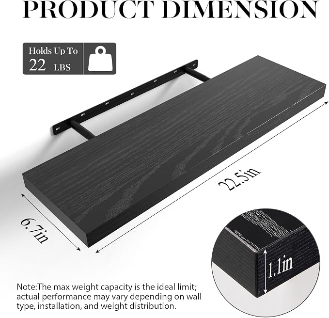 BAYKA Black Floating Shelves 22.5in, Set of 2, Wall Mount Rustic Wood Shelf | Easy Install, 22lbs Max Load, Hidden Bracket, for Bathroom Bedroom Kitchen Display Storage Decor, Hanging Book Shelf