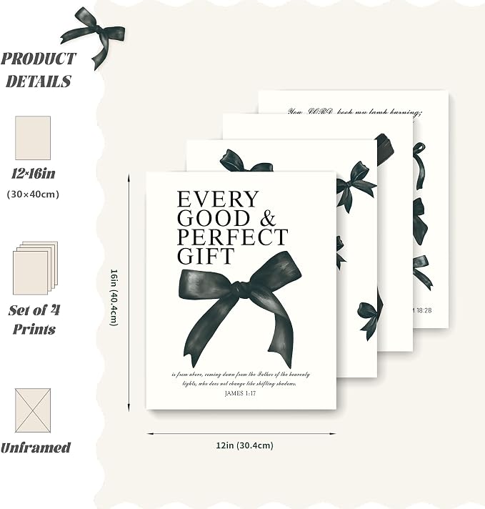 LARTSFRO Coquette Black Bow Bible Wall Art Decor Posters, Black Bow Room Bedroom Bathroom Dorm Wall Art Decor Aesthetic for Teen Girls Gifts, Inspirational Bible Verses Bow Wall Decor, 12x16 Inch Set of 4 Pcs Bow Pictures (UNFRAMED)