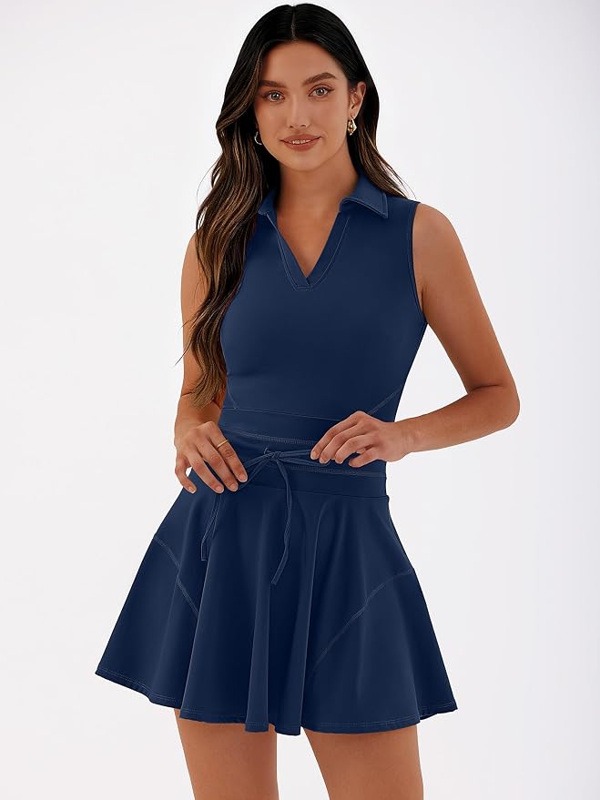 Caracilia Women's 2 Piece Tennis Dress Set-Polo Neck Sleeveless Mini Dresses with Shorts,Golf Casual Workout Athletic Sports