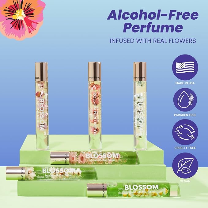 Blossom Roll on Perfume for Women Alcohol Free Rollerball Perfume Oil with Essential Oils, Infused with Real Flowers, Made in USA, 0.20oz (Bergamot, Pear, Vanilla, Orchid), Cedarwood Raspberry