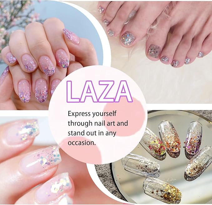 Laza 8 Colors Nail Art Glitter Diamond Dust Iridescent Nail Powder Chunky Glitter Confetti Foil Flakes Sequins for Nail Art Supplies, Gel Polish, Mermaid Makeup, Body, Resin — Dancing Sparkle